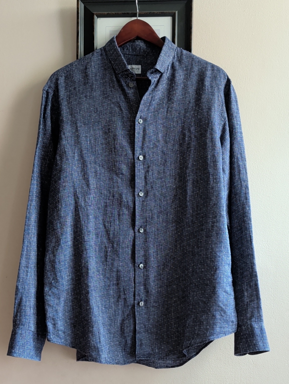 Armani Collezioni Men's Navy Textured Button-Up Linen Shirt